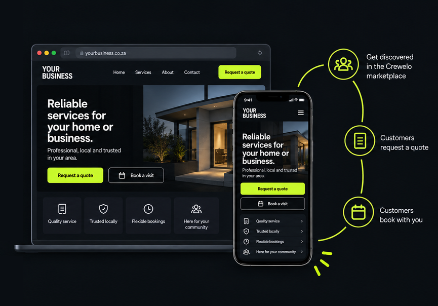 Laptop and phone showing business website with workflow nodes