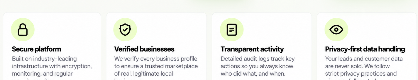 Security Platform, Verified Businesses, Transparent Activity, Privacy-first Data Handling